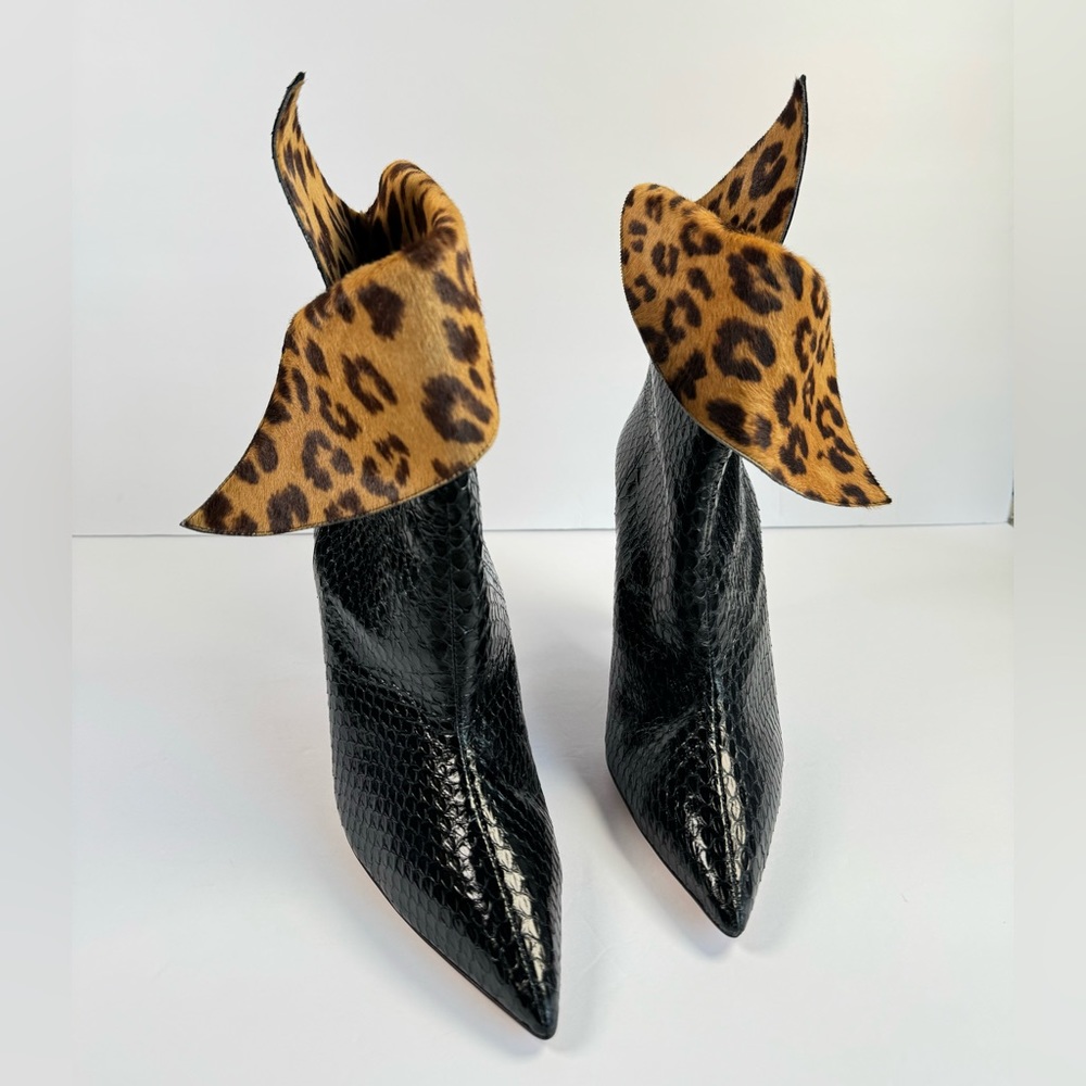 Aquazzura Black Snakeskin Pointed Toe Bootie with Leopard Print Cuff - Picture 3 of 12